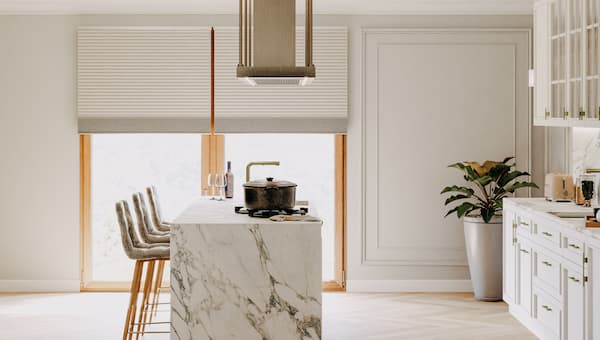 white honeycomb blinds in kitchen