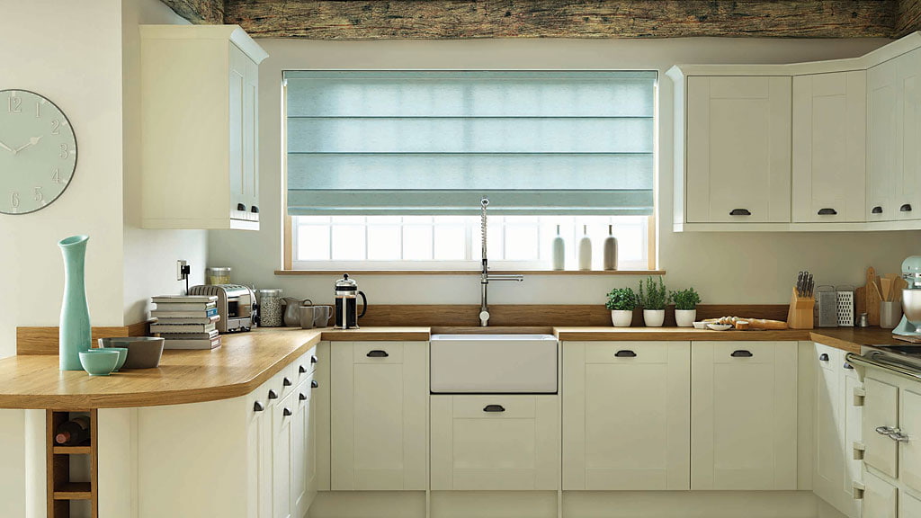 Custom Roman Blinds Betta Blinds Awnings   Roman Blind In Farmhouse Kitchen 